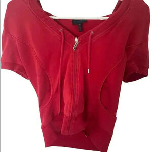 Escada Sport red zip up sweater logo with hoodie short sleeve size Small‎